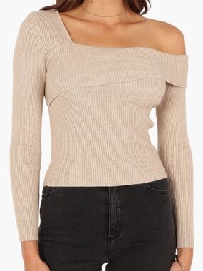 Petal & Pup Asymmetric Off-the-Shoulder Ribbed Sweater - Oatmeal